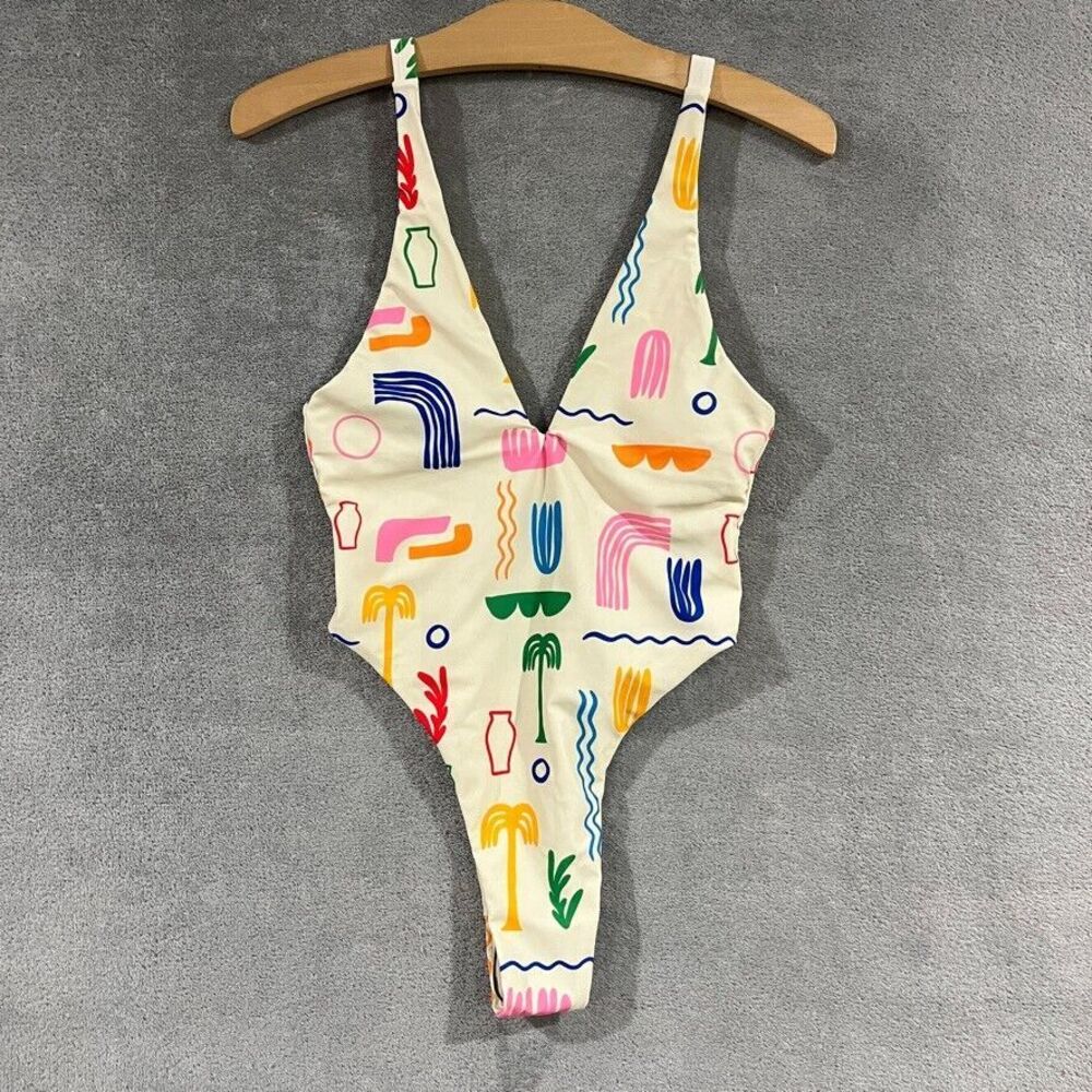 Aurelle Palmier One Piece Swimsuit Retro Print Bathing Suit High Waist Sz S NEW